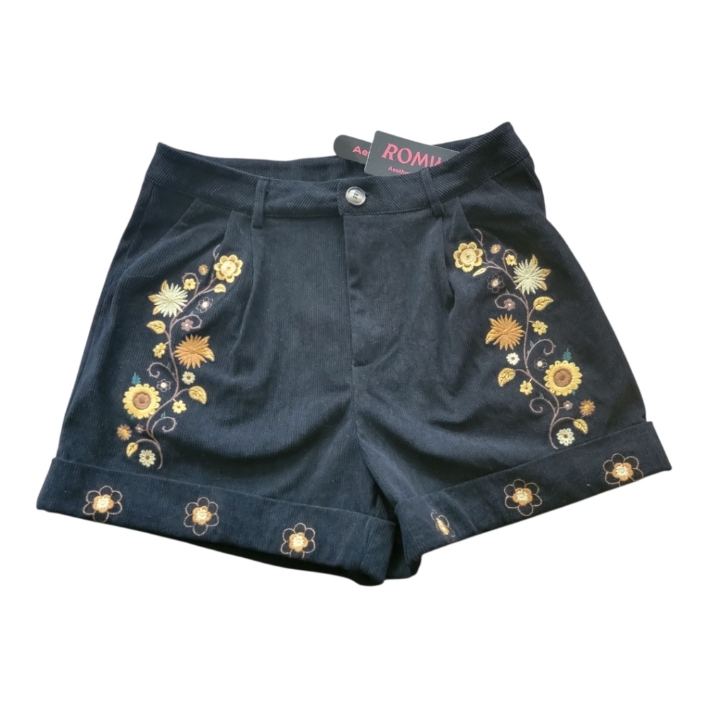 Corduroy Boho Hippy Flower 70’s Embroidered Shorts size L